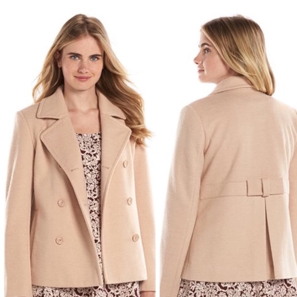 LC LAUREN CONRAD Peacoat Jacket Lined Winter Bow Back Tan Blush Sizes 4 10 12 - Picture 1 of 7